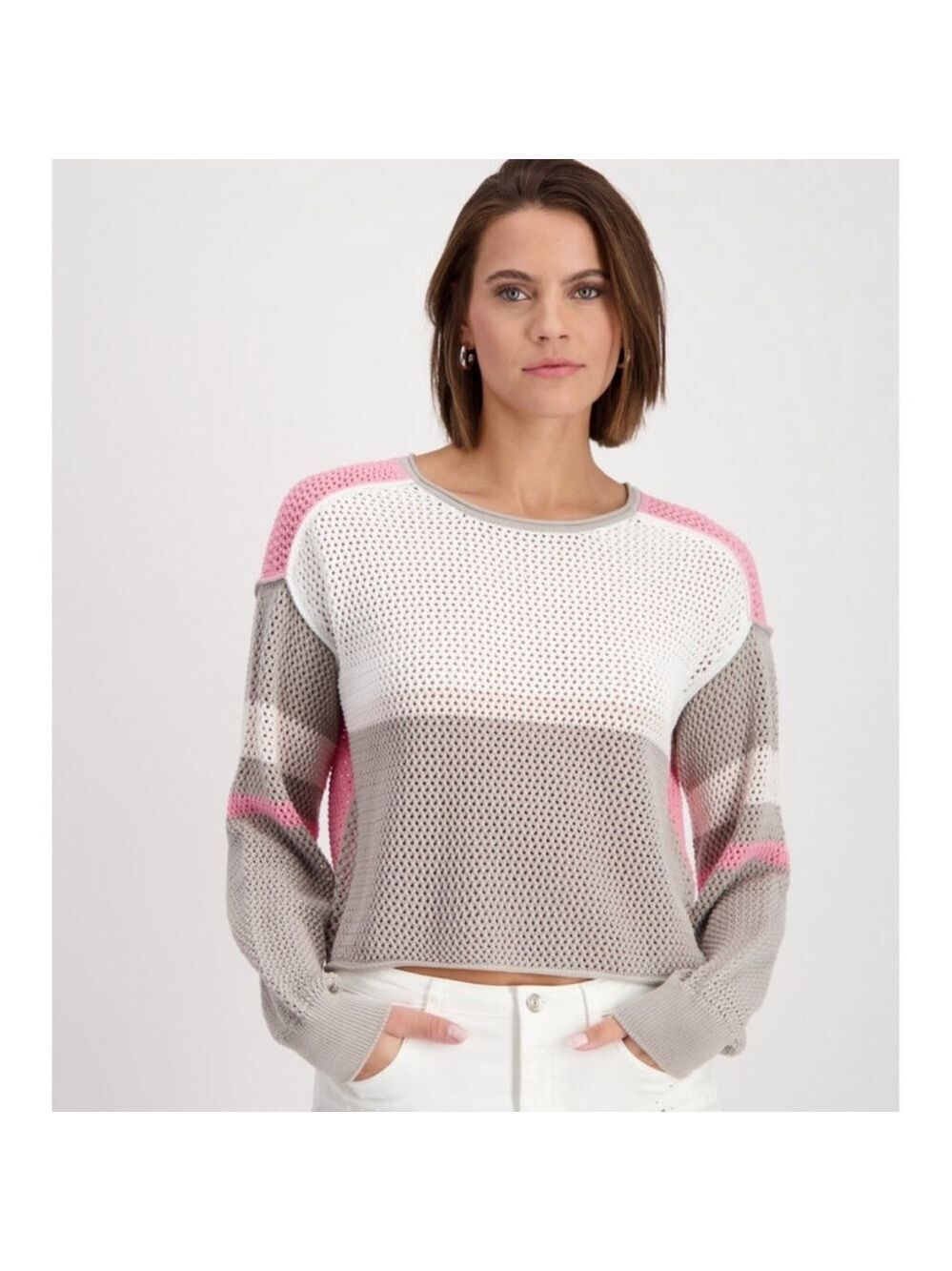 Monari Coconut Taupe Pink Mesh Knit Relaxed Fit cropish sweater Medium crochet